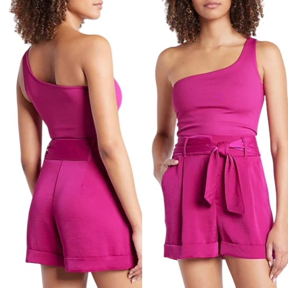 Express Super High Waisted Satin Tie Belt Tailored Shorts In Magenta - Size 0